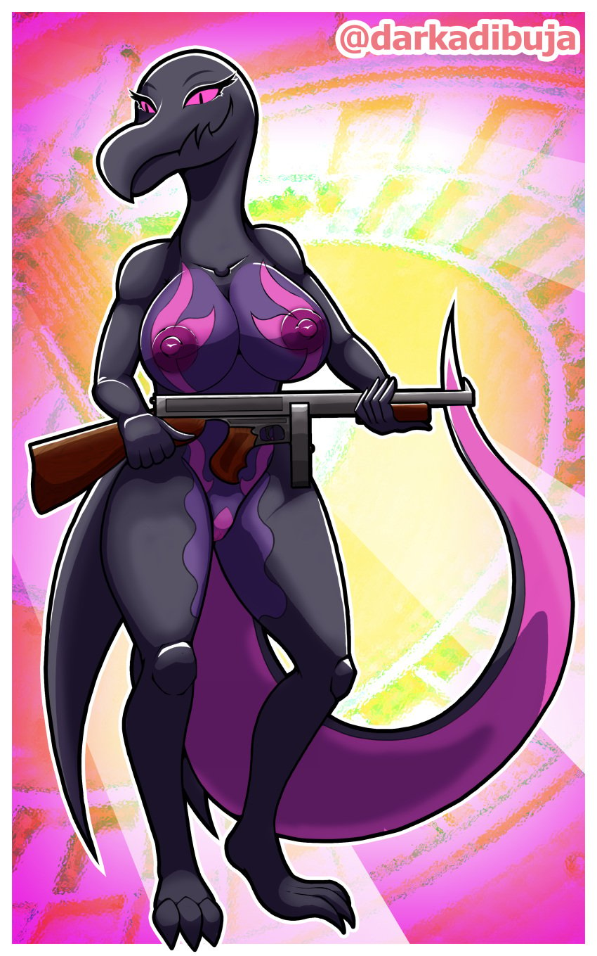 big_breast darkadibuja female nude pokémon_(species) pokemon pokemon_(species) salazzle scale weapon