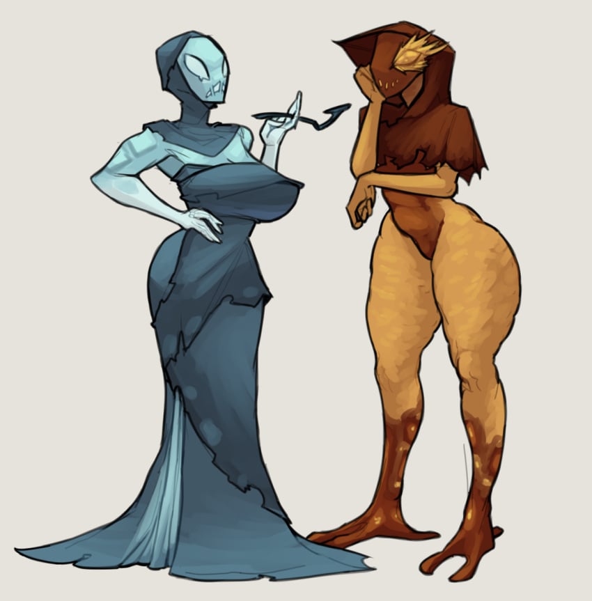 2girls 3_toes alien ass ass_vs_breasts ben_10 big_breasts big_butt blue_body blue_skin bottom_heavy breasts cloak clothing curvy_figure dress duo evolved_necrofriggian eyelashes feet female female_only headgear headwear hi_res hijab hood hourglass_figure huge_breasts huge_thighs md34 multiple_girls necrofriggian nude orange_body orange_skin pseudo_clothing red_body red_skin religious_clothing religious_headwear smoking_pipe thick_thighs toes top_heavy wide_hips