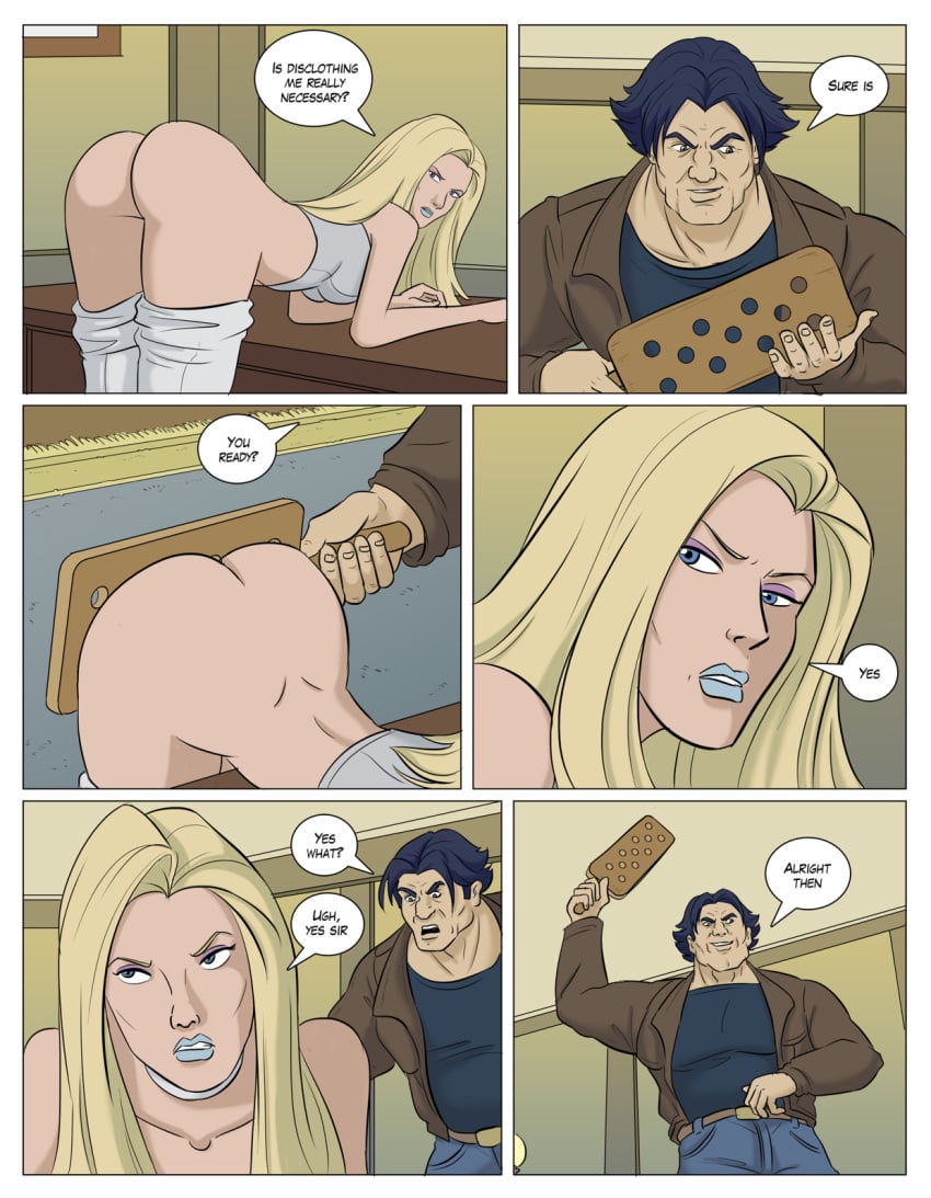 1boy 1girls alt_cor altcor ass bent_over blonde_hair bottomless bottomless_female comic dialogue emma_frost eyeshadow female femsub imminent_spanking lipstick logan_(x-men) long_hair looking_back male maledom marvel marvel_comics paddle pants_down spanking spanking_ass spanking_paddle speech_bubble straight text white_queen wolverine_(x-men) wolverine_and_the_x-men x-men x-men_evolution