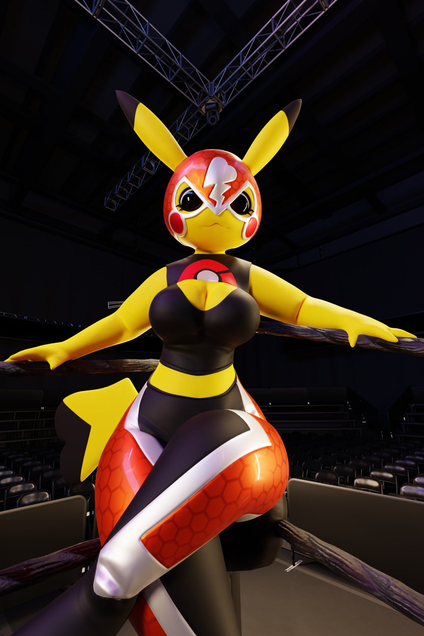 3d 3d_artwork absurd_res anthro big_breasts big_thighs cleavage cosplay_pikachu crossed_legs female looking_at_viewer mask midriff nintendo nsfwo nsfwo262 pikachu pikachu_libre pokémon_(species) pokemon solo wo262 wrestling_ring xarr