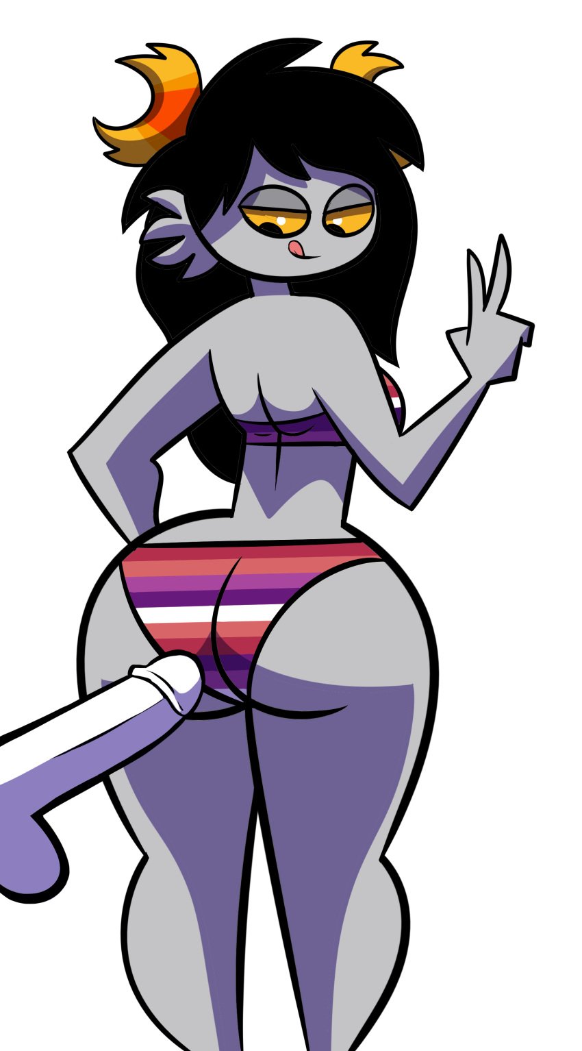 1girls ambiguous_gender ass ass_focus behind_view bikini bikini_bottom bikini_top black_hair disembodied_penis female fins grey_skin homestuck horns imminent_rape imminent_sex lesbian_pride_bikini lesbian_pride_colors licking_lips long_hair looking_at_penis looking_back looking_down ms_paint_adventures mythabyss oc orientation_play original_character peace_sign penis pride_color_clothing pride_color_underwear solo solo_female standing tongue tongue_out troll v white_background white_skin yellow_sclera