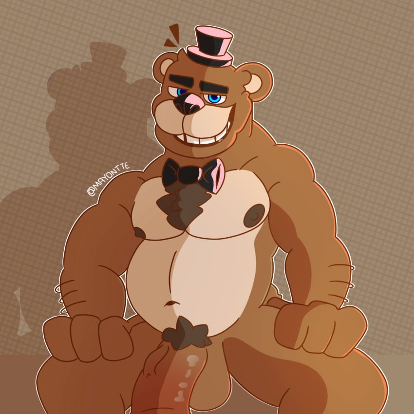 anthro balls bear bowtie five_nights_at_freddy's fnaf freddy_(fnaf) huge_cock male_only mayontte muscular nipples pecs pectorals penis teeth top_hat veiny_penis