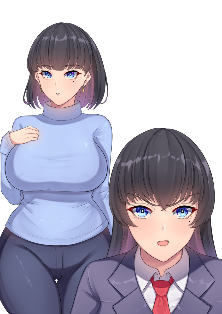 2girls band-width big_breasts black_hair breasts curvaceous curvy curvy_body curvy_female curvy_figure female female_focus huge_breasts large_breasts long_hair milf mole mole_under_eye original_character school_uniform short_hair voluptuous white_background