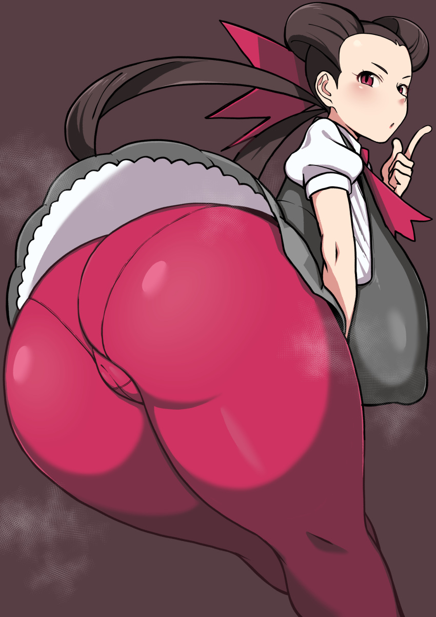 1girls alternate_breast_size ass big_ass big_breasts blush breasts brown_hair female game_freak hair_ribbon huge_ass huge_breasts komusou_(jinrikisha) long_hair nintendo nipple_bulge pokemon pokemon_rse red_eyes roxanne_(pokemon) solo thick_thighs tight_pants twintails