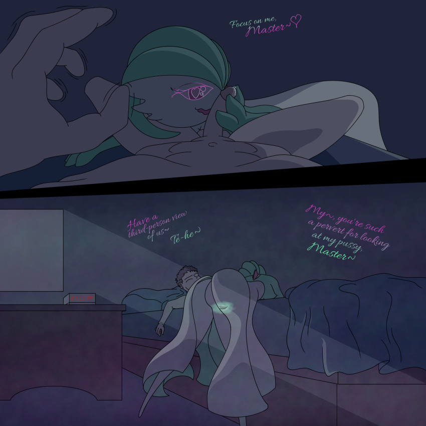 <3_eyes 1:1 absurd_res alarm_clock anthro ass balls bed bedroom blue_background bodily_fluids breasts clock dialogue digital_media_(artwork) duo english_text erection female female_focus first_person_view furniture gardevoir genital_fluids genitals glowing glowing_eyes green_hair hair handjob heart hi_res holding_penis human human_penetrating humanoid humanoid_genitalia humanoid_penis illusion interspecies looking_at_viewer lying male male/female male_pov mammal night nintendo nude on_back on_bed open_mouth penile penis pillow pokémon_(species) pokemon pokemon_(species) precum psychic pussy red_eyes sex shaking simple_background smile solo_focus steel_snake teasing telepathy text trembling video_games white_body