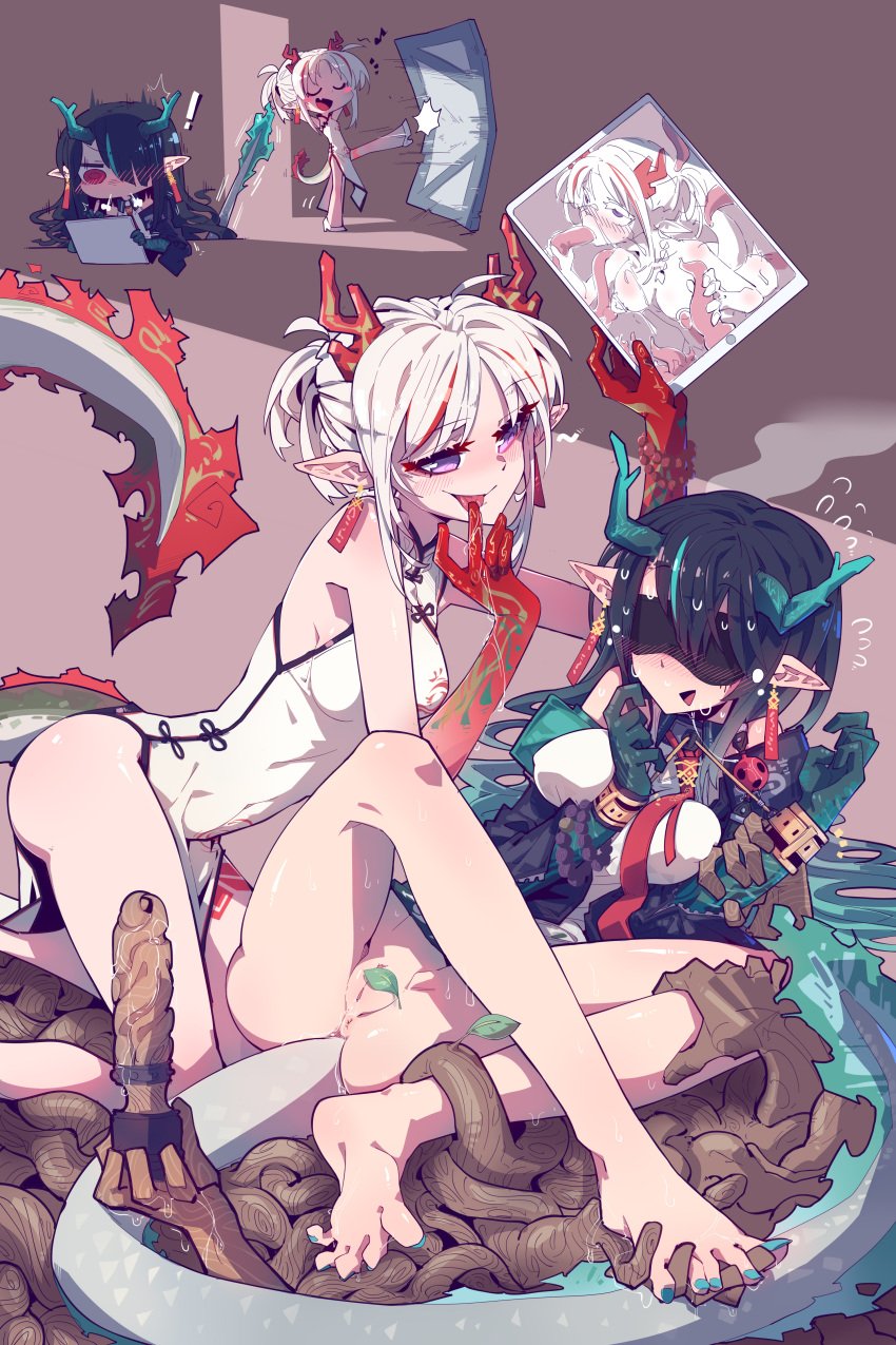 ! 2girls absurdres anus arknights ball_gag bangs bare_legs barefoot bead_bracelet beads black_blindfold black_hair black_jacket blindfold blush blush_stickers bondage bound bound_wrists bracelet breasts brown_background chibi china_dress chinese_clothes chinese_commentary colored_skin covered_eyes crossed_legs cuffs dildo dragon_girl dragon_horns dragon_tail drawing drawing_tablet dress drooling dusk_(arknights) earrings eyebrows_visible_through_hair eyeshadow fellatio flexible_toes full_body gag gloom_(expression) gradient_skin green_hair green_nails green_skin hair_between_eyes hair_over_one_eye handcuffs head_steam high_heels highres holding holding_tablet_pc horns imazawa incest jacket jewelry kicking kneeling leaf licking licking_finger long_hair looking_at_another makeup medium_breasts motion_lines multicolored_hair multicolored_skin multiple_girls nail_polish necktie nian_(arknights) nian_(unfettered_freedom)_(arknights) official_alternate_costume open_clothes open_jacket open_mouth opening_door oral parted_bangs pelvic_curtain pointy_ears purple_eyes pussy pussy_juice red_eyes red_hair red_necktie red_skin restrained saliva sex_toy shirt side_slit simple_background sisters sleeveless sleeveless_dress smile spread_legs streaked_hair stylus surprised sweat sweating_profusely tablet_pc tail tail_raised tassel tassel_earrings tentacle tentacle_sex thighs toenail_polish toenails tongue tongue_out two-tone_hair uncensored walking white_dress white_footwear white_hair white_shirt wooden_dildo yuri