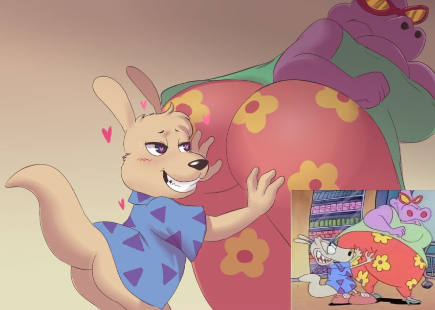 1boy 1boy1girl 1girls angry anthro ass_focus big_ass big_breasts blush clothed dat_ass dumptruck_ass duo gladys_hippo grin hands_on_ass heart heart-shaped_pupils highres hippopotamus huge_ass huge_breasts looking_back mammal rear_view rocko's_modern_life rocko_rama screenshot sexual_harassment shinsuke sunglasses