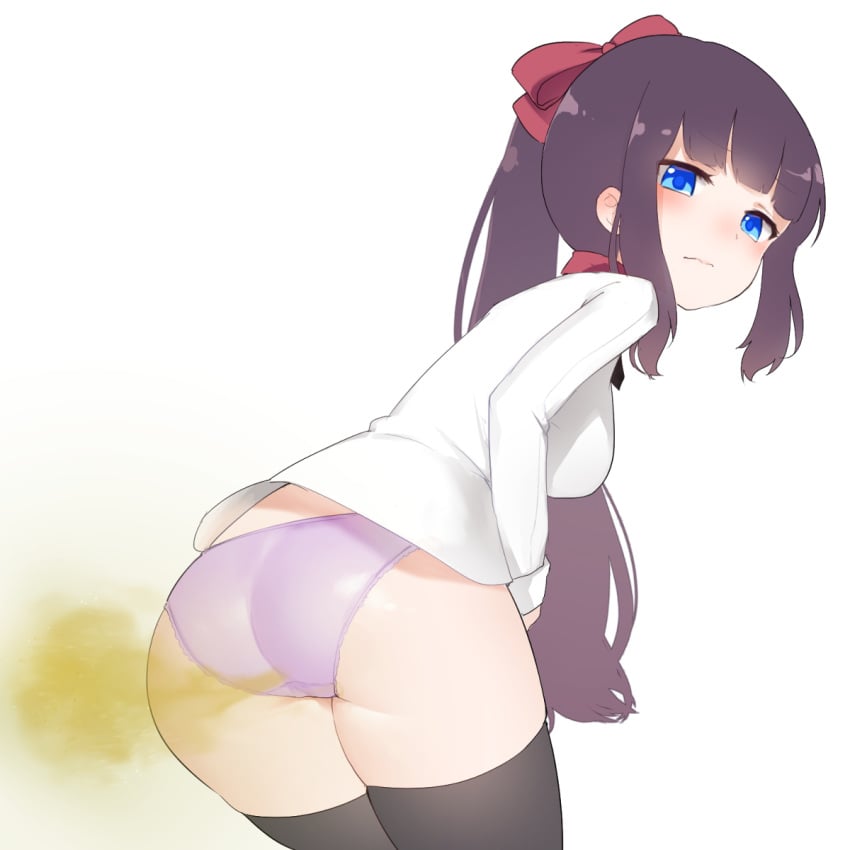 13o black_hair blue_eyes embarrassed fart new_game! stockings takimoto_hifumi thick_thighs