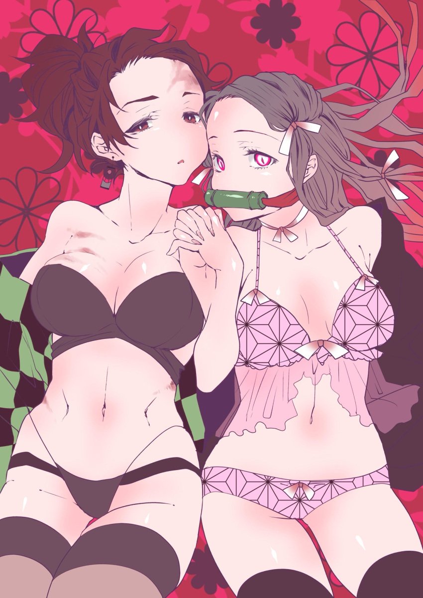 2girls alternate_breast_size alternate_costume big_breasts black_bra black_legwear black_panties black_thighhighs bra brown_hair cleavage demon_slayer facial_scar female female_only gag genderswap genderswap_(mtf) hair_ribbon hand_holding haori kamado_nezuko kamado_tanjirou kimetsu_no_yaiba lingerie long_hair neck_ribbon panties pink_bra pink_eyes pink_panties ponytail red_background rule_63 siblings sisters slit_pupils taiga thighhighs