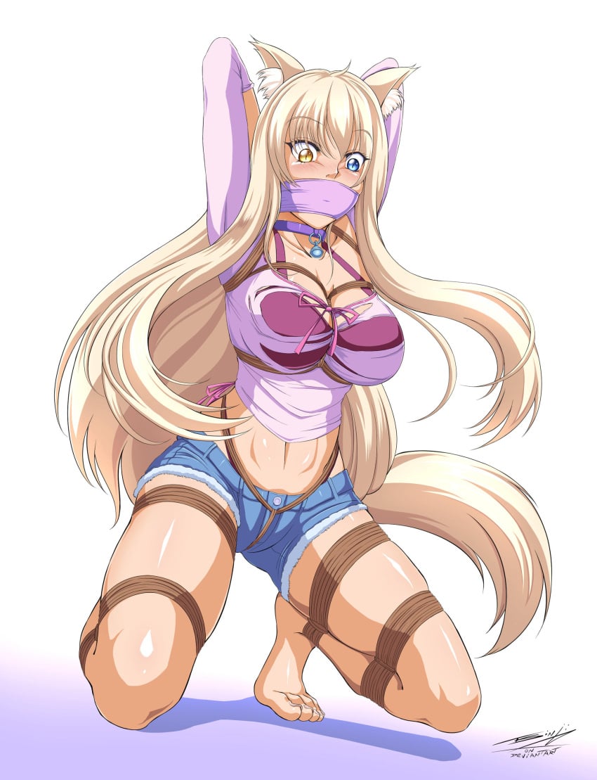 1girls amber_eyes arms_behind_head barefoot bell bell_collar big_breasts blonde_hair blonde_tail blue_eyes blush bondage bound bra cat_ears cat_tail catgirl coconut_(sayori) collar crouching denim denim_clothing denim_shorts feet female female_only gag gagged heterochromia inner_ear_fluff legs_spread long_hair maine_coon neko nekomimi nekopara nipples purple_bra ripped_clothing rope rope_bondage ropes shorts thick tied_up tsinji very_long_hair yellow_eyes