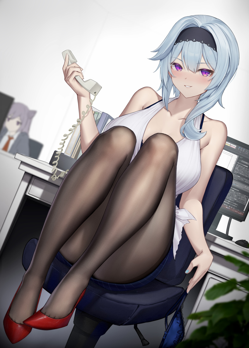 blue_hair blue_panties blush bra bra_peek breasts chair clothed clothing computer eula_(genshin_impact) feet female female_only genshin_impact hi_res high_heels legs looking_at_viewer office office_chair office_lady panties panties_removed pantyhose purple_eyes seductive tagme teasing telephone terebi_(shimizu1996) workshop