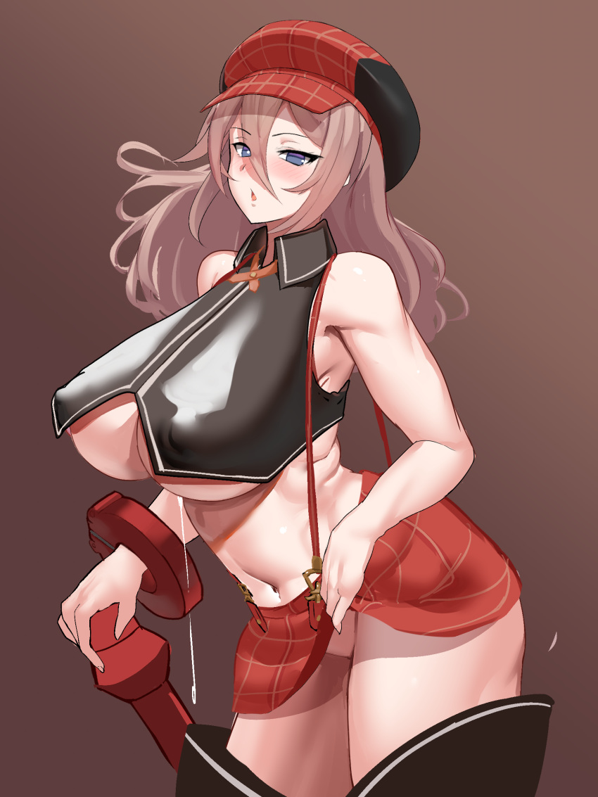 1girls 2022 2d 9is alisa_ilinichina_amiella armlet belly_button blonde_hair blue_eyes breasts breasts_between_suspenders clothed clothed_female female female_only god_eater hat hi_res hips huge_breasts light-skinned_female light_skin long_hair looking_at_viewer naughty_face no_panties pale-skinned_female pale_skin short_skirt simple_background skirt slim_waist solo suspender_skirt suspenders thick_thighs thigh_boots thighs underboob wide_hips