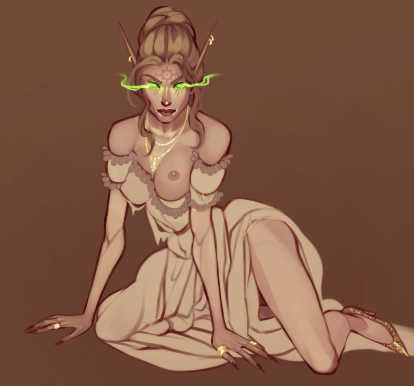 arelya blonde_hair blood_elf dress earrings elf green_eyes heels looking_at_viewer nails on_knees rings tattoos torn_clothes warcraft white_skin world_of_warcraft