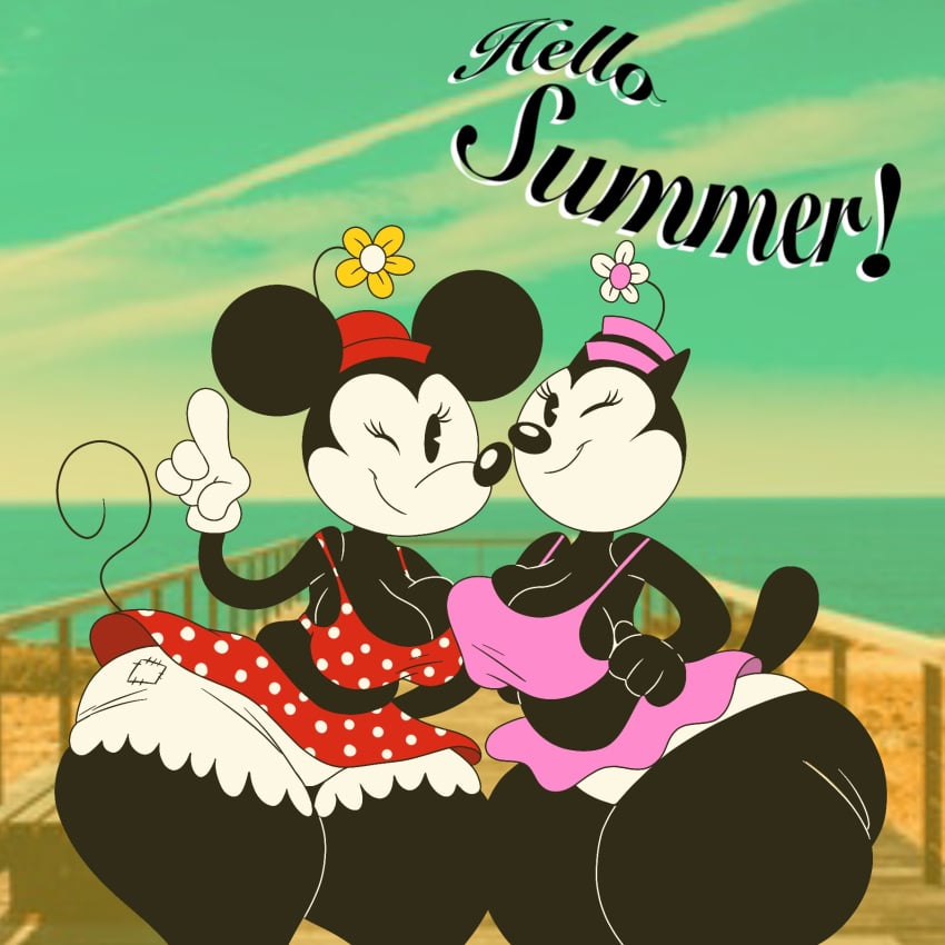 alternate_body_type alternate_breast_size anthro big_ass big_breasts breathotter clothed disney female mickey_mouse_shorts minnie_mouse ortensia pac-man_eyes public_domain selfie summer swimsuit text thick_thighs