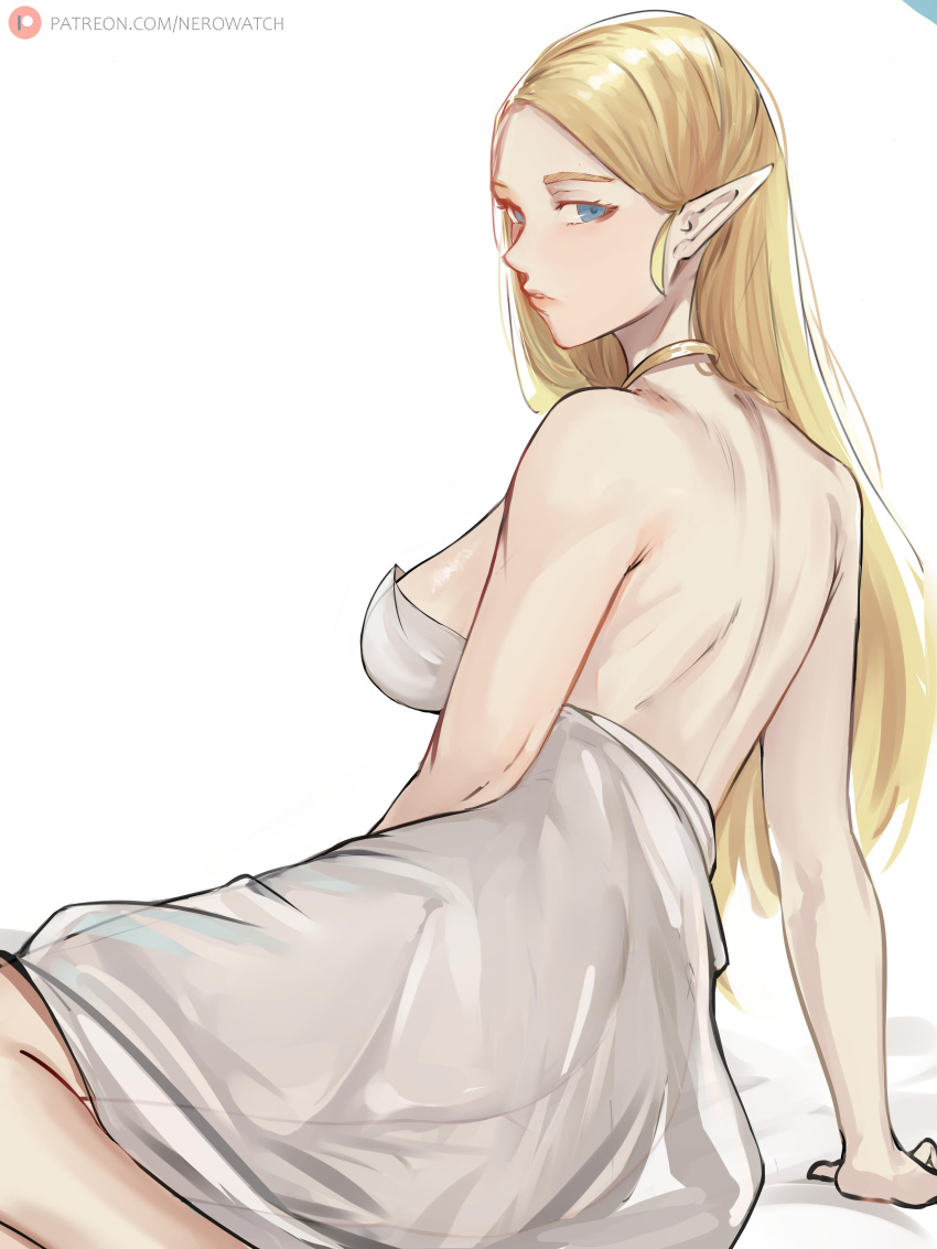 1girls ass back backboob big_breasts blonde_hair blue_eyes breath_of_the_wild choker clothing dress female from_behind highres hylian hylian_ears laying_on_side long_hair nero_watch neutral_expression no_bra no_panties no_underwear pointy_ears princess_zelda see-through see-through_clothing see-through_dress solo the_legend_of_zelda white_dress zelda_(breath_of_the_wild)