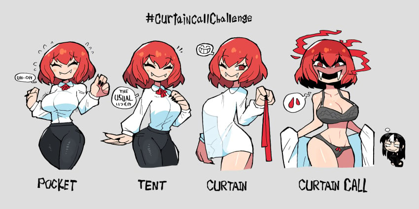 2022 big_breasts bra carla_carmilla_(crap-man) cleavage crap-man curtain_call_challenge milf monster_girl noss_the_nosferatu_(crap-man) original original_character red_eyes red_hair tagme tight_clothing underwear vampire