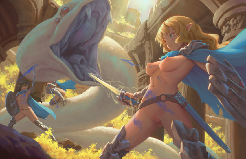 3girls bigrbear blonde_hair blue_cape blue_eyes breasts cape fighting highres holding holding_shield holding_sword holding_weapon long_hair medium_breasts monster multiple_girls navel nipples nude original outdoors paint paint_on_body painting_(artwork) pointy_ears pussy shield snake standing sword uncensored weapon