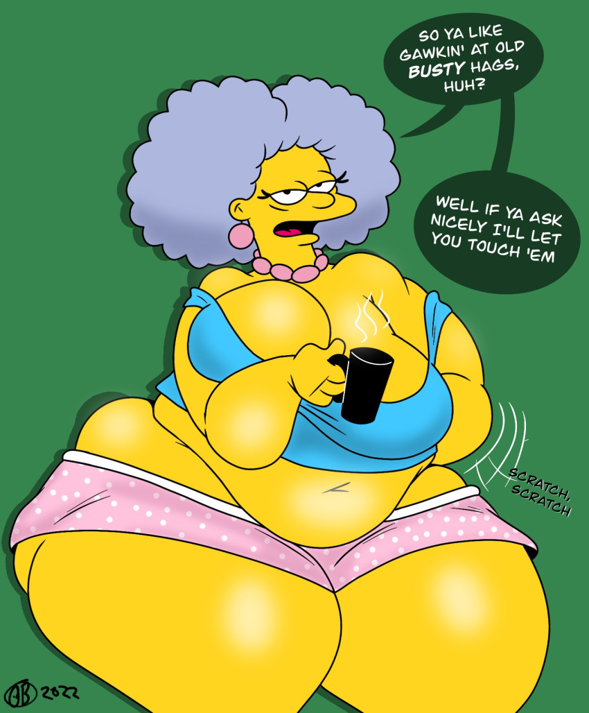 20th_century_studios accurate_art_style bbw breasts breathotter clothed clothing female phone selma_bouvier solo tank_top text text_bubble the_simpsons thick_thighs yellow_body yellow_skin