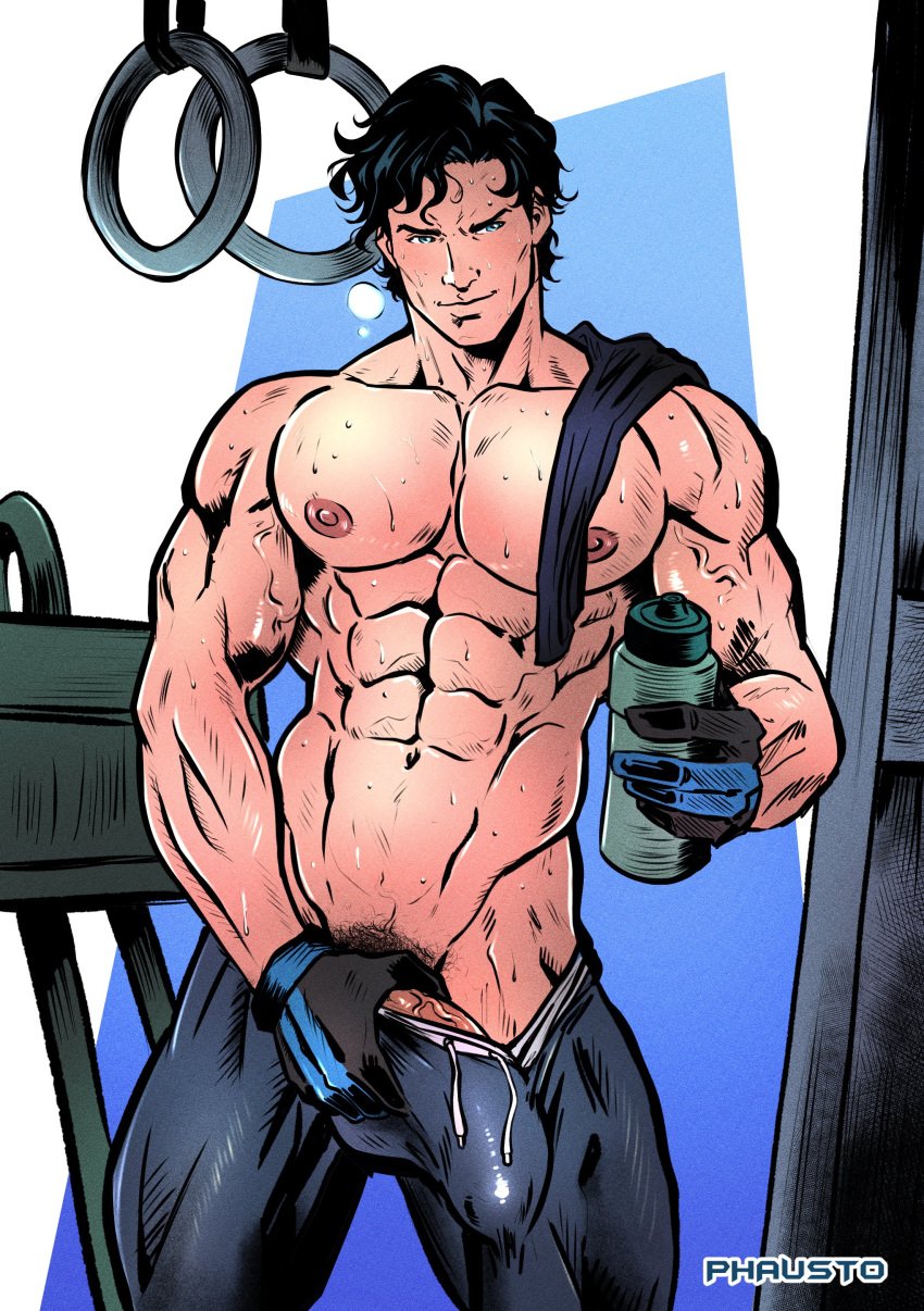 1boy abs absurdres artist_name bara batman_(series) black_gloves black_hair black_pants black_shirt blue_eyes blue_gloves bottle bulge closed_mouth crotch_grab dc dc_comics dick_grayson erection erection_under_clothes gloves highres holding holding_bottle large_pectorals male male_focus male_only male_pubic_hair muscular muscular_male navel nightwing nipples pants pectorals penis penis_peek phausto pubic_hair shirt shirt_on_shoulders short_hair solo solo_male sweat teen_titans two-tone_gloves water_bottle