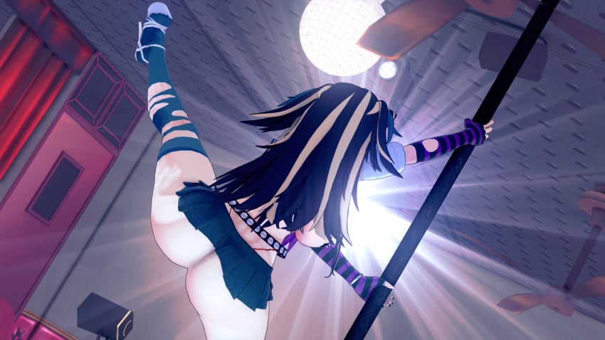 1girls artist_request ass ass_focus back_view black_hair blue_hair breasts butt_focus dancing danganronpa danganronpa_2:_goodbye_despair horns koikatsu legs_apart legs_spread long_hair medium_breasts mioda_ibuki pink_hair sole_female stripper_pole tagme thick_thighs three_tone_hair wafles_coffe