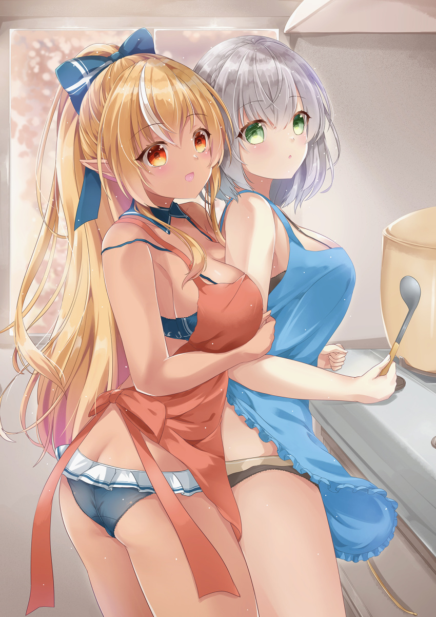 2girls apron bikini bikini_skirt blonde_hair blue_apron blue_bikini blue_bow blue_collar bow breasts collar commentary_request dark-skinned_female dark_skin detached_collar green_eyes grey_hair hairbow highres holding holding_spatula hololive hololive_fantasy hololive_japan kishimaharuno large_breasts long_hair looking_at_viewer multicolored_hair multiple_girls naked_apron nearly_naked_apron open_mouth orange_apron orange_eyes partial_commentary pointy_ears ponytail shiranui_flare shirogane_noel short_hair sidelocks smile spatula streaked_hair swimsuit virtual_youtuber white_hair yuri
