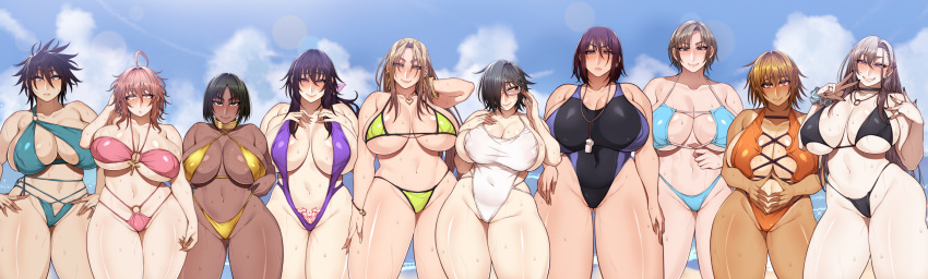 akira_kugamachi anko_nekura beach bikini black_hair blonde_hair brown_hair cleavage curvaceous curvy curvy_figure dark-skinned_female dirty_blonde_hair freckles glasses goth_girl hair_over_one_eye hiyori_namikawa huge_breasts iroha_akutsu jimiko kanna_busujima korotsuke messy_hair milf mira_sahar_lilush momoe_nekura multiple_girls naomi_tokunaga original original_characters pale-skinned_female pink_hair plump purple_hair reika_akutsu small_pupils student sweat sweating tan-skinned_female tanlines teacher the_creepy_glasses_girl thick_thighs tomboy tsundere voluptuous wide_hips