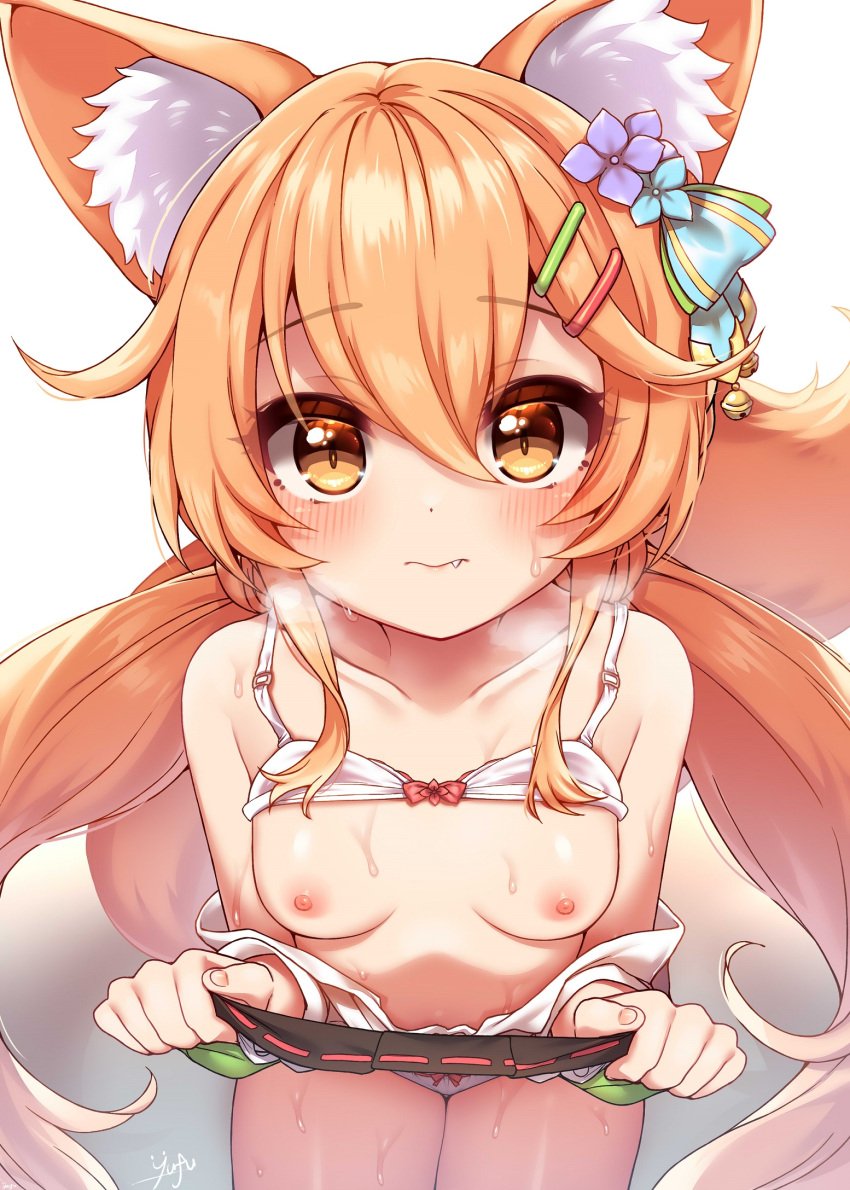 !? 1boy animal_ear_fluff animal_ears bangs bell black_skirt blush bra breasts breasts_out brown_eyes closed_mouth clothes_lift collarbone cute_fang eyebrows_visible_through_hair female flower fox_ears fox_girl fox_tail hair_bell hair_between_eyes hair_flower hair_ornament hairclip heart highres korin_(shironeko_project) long_hair looking_at_viewer nipples oerba_yun_fang off_shoulder orange_hair panties pleated_skirt shironeko_project shirt signature skirt skirt_lift slit_pupils small_breasts sweat sweatdrop tail underwear white_bra white_panties white_shirt yufukiri