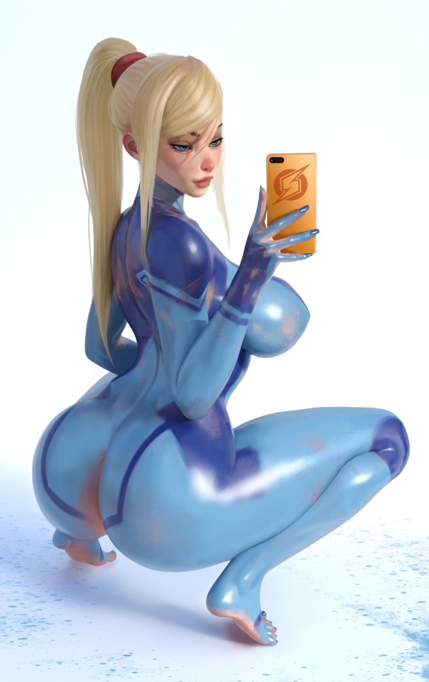 1girls 2022 ass barefoot big_ass big_breasts bimbo blonde_hair blue_eyes bodypaint breasts dat_ass feet female female_only hair holding_object human large_breasts light-skinned_female light_skin metroid nintendo nude nude_female painted_clothes phone ponytail popogori samus_aran selfie solo solo_female squatting thick_thighs