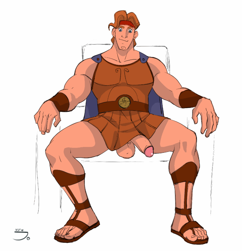 1boy bara hercules_(character) hercules_(disney) jonsfw male_focus male_only penis penis_slip presenting sitting solo solo_focus solo_male spread_legs tallywhacker