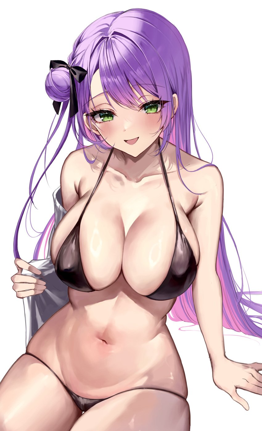 absurdres alternate_breast_size bikini black_bikini blush breasts collarbone cowboy_shot female green_eyes hair_between_eyes highres holoforce hololive hololive_japan large_breasts long_hair looking_at_viewer navel open_mouth purple_hair sidelocks simple_background smile solo stomach swimsuit thigh_gap thighs tokoyami_towa very_long_hair virtual_youtuber white_background ya_ta