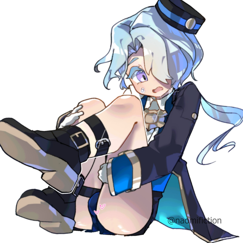 1boy blue_hair blush clothed clothing femboy femboy_focus femboy_only feminine_male girly hat honkai:_star_rail leg_grab legs long_hair male male_focus male_only misha_(honkai:_star_rail) naomifiction pale_skin ponytail pose solo solo_focus solo_male