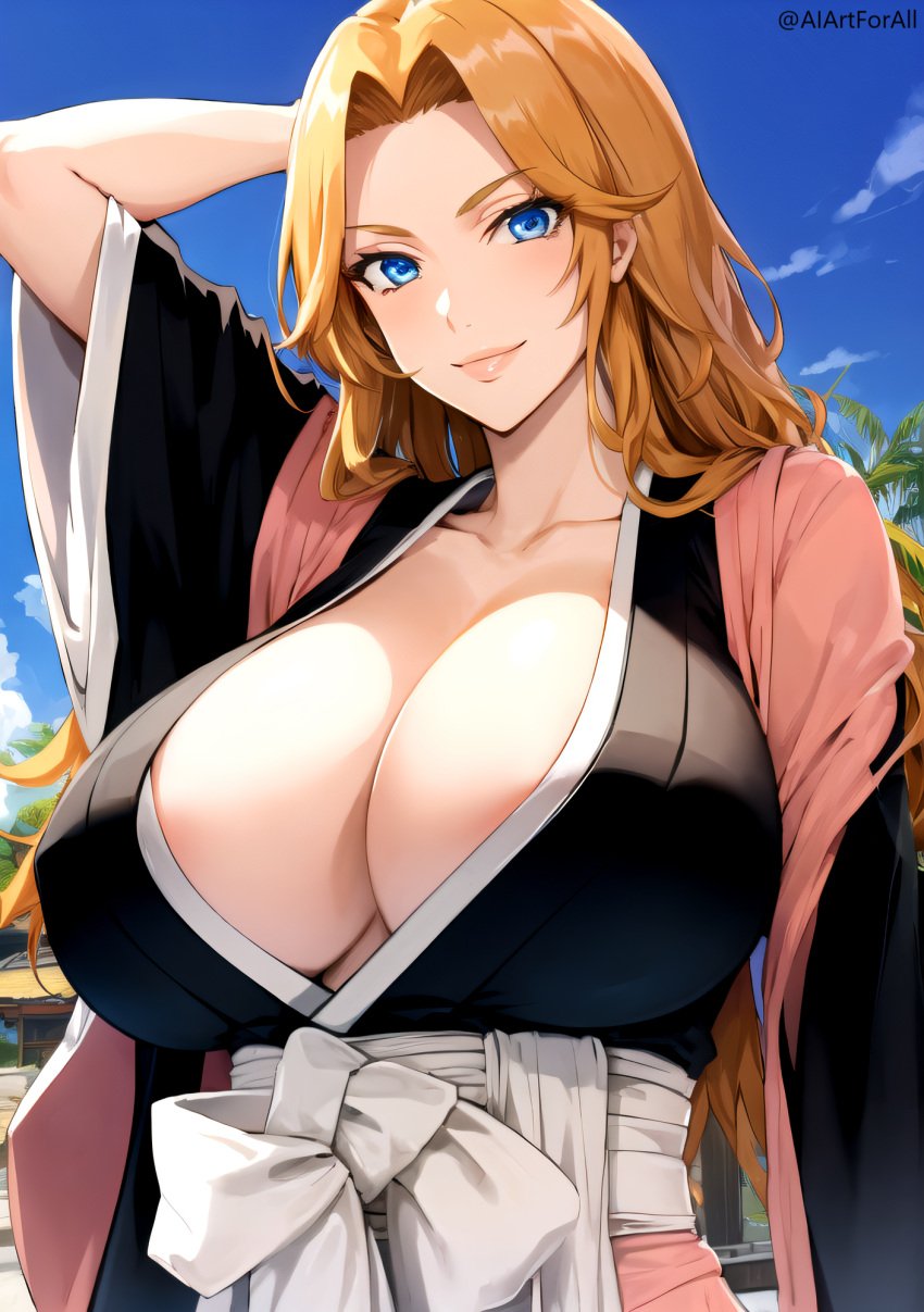 ai_generated aiartforall arms_behind_head bleach blue blue_eyes cloud collarbone huge_breasts kimono large_breasts looking_at_viewer matsumoto_rangiku mommy orange_hair sash sky smile