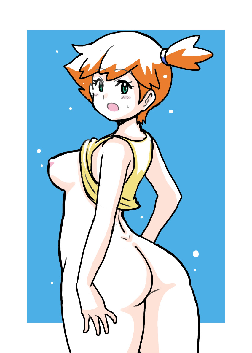 absurdres arm_behind_back ass back bare_arms bare_shoulders blush breasts creatures_(company) female female_focus game_freak gym_leader hair_tie highres huge_ass kasumi_(pokemon) kasumi_(pokemon) koutarosu legs medium_breasts nintendo nipples nude open_mouth orange_hair pokemon pokemon_(anime) pokemon_(classic_anime) ponytail shirt simple_background sleeveless solo tank_top thick_thighs thighs white_background yellow_shirt yellow_tank_top