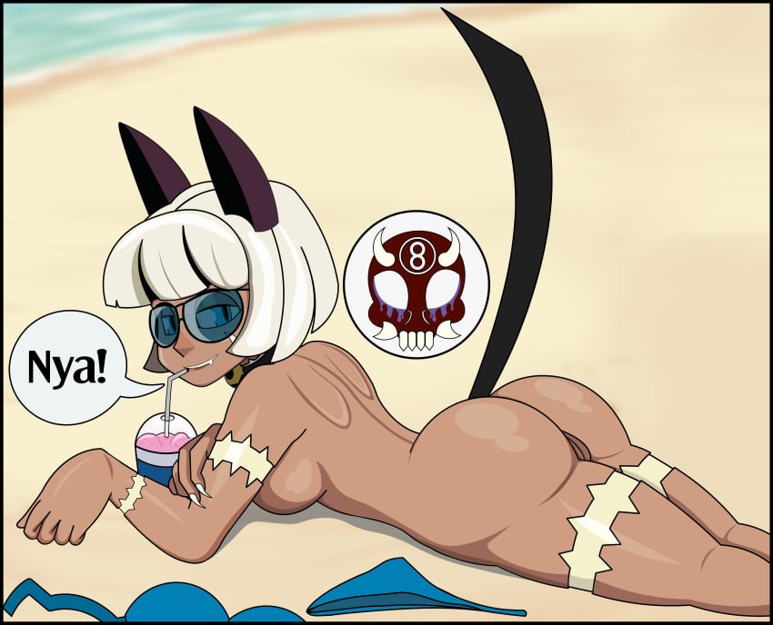 8ball9615 beach big_ass blue_eyes body_scars cat_ears cat_humanoid cat_tail catgirl dark-skinned_female fang_out medium_breasts nadia_fortune nude_female skullgirls smoothie undressed visible_pussy white_hair