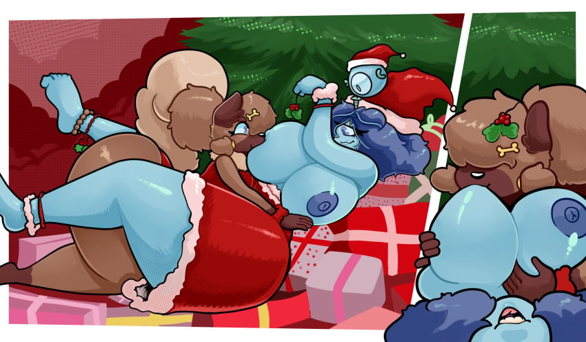 anthro areola big_breasts blue_eyes blue_hair blush breast_play breast_sucking breasts brown_body canid canine canis christmas christmas_clothing christmas_headwear clothed clothing cyclops digital_media_(artwork) duo female female/female fur generation_1_pokemon generation_7_pokemon hair hat headgear headwear hi_res holidays kiss_the_carrot koi_(carrot_kiss) magnemite mammal nintendo nipples open_mouth petra_(carrot_kiss) pokemon pokemon_(species) rockruff santa_hat shaded smile sucking tail thick_thighs yuri