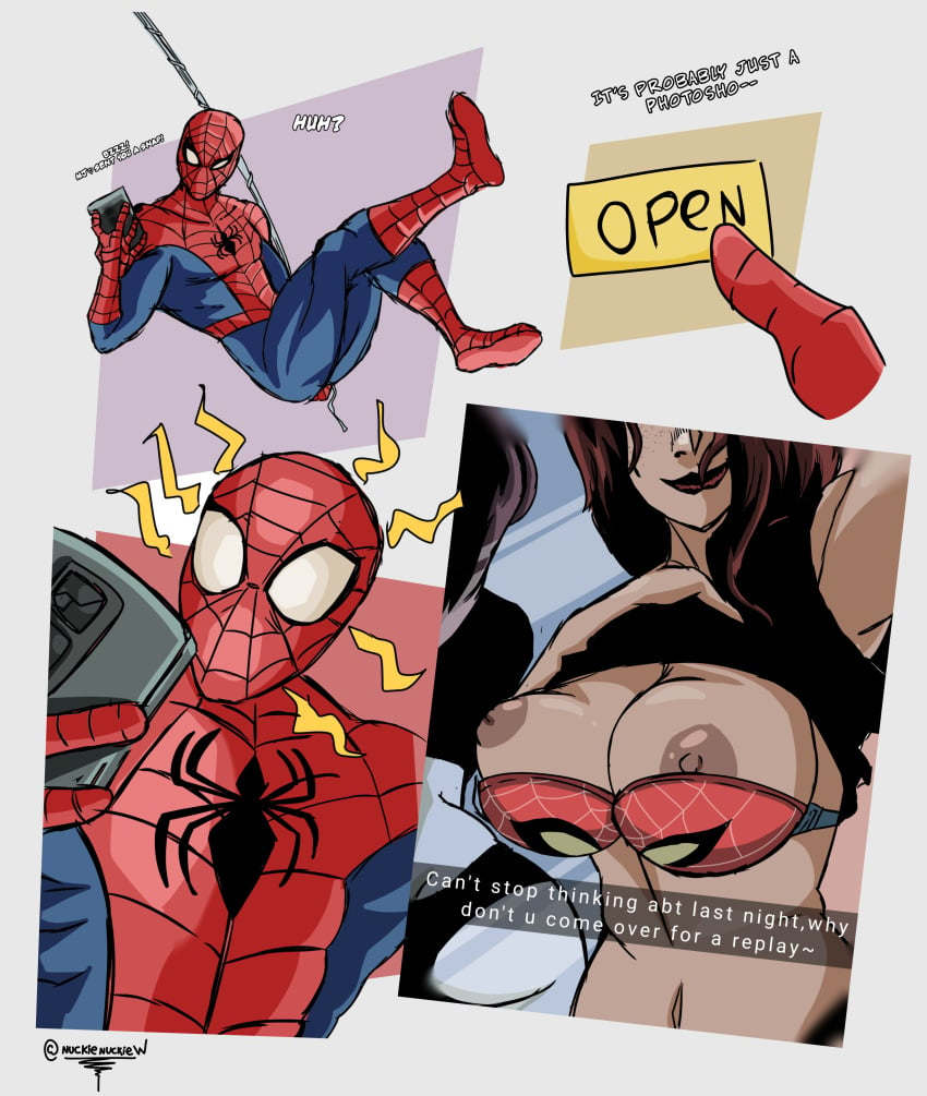 1boy armpit armpits big_breasts bra breasts canon_couple colored comic commission commissioner_upload female freckles freckles_on_face marvel marvel_comics mary_jane_watson no_sex nuckienuckie nucl34r_w4st3 peter_parker red_hair redhead selfie sexting spider-man spider-man_(series) spider-sense straight swinging