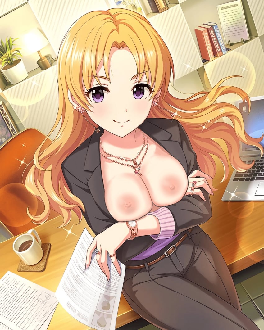 annindoufu_(oicon) belt blonde_hair book breastless_clothes breastless_clothing breasts breasts_out character_name cleavage coffee_cup computer cup earrings female gem_(symbol) highres idolmaster idolmaster_cinderella_girls jewelry keyboard_(computer) kiryu_tsukasa_(idolmaster) laptop long_hair medium_breasts necklace nipples no_bra nude_filter office_lady purple_eyes ring solo third-party_edit