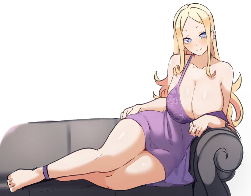 aged_up alternate_breast_size areolae_slip beatrice_(re:zero) big_breasts blonde_hair blush breasts butterfly-shaped_pupils couch covering_nipples curvaceous curvy dress feet female full_body huge_breasts long_hair looking_at_viewer on_couch purple_dress re:zero_kara_hajimeru_isekai_seikatsu seductive seductive_look seductive_smile sidelocks strap_slip symbol-shaped_pupils thick_thighs toes wide_hips zerobarto