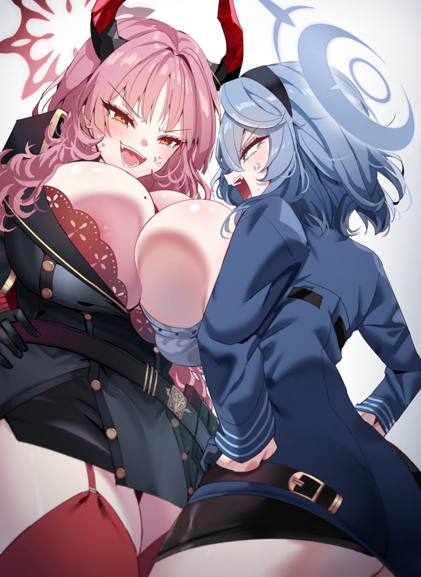 2girls absurdres ako_(blue_archive) anger_vein angry areola_slip ass belt blue_archive blue_hair blush bra bra_peek breast_press breasts cleavage demon_girl demon_horns gehenna_academy_student gloves hair_between_eyes hairband hand_on_own_hip highres horns huge_breasts long_hair long_sleeves looking_at_another mole mole_on_breast multiple_girls necktie nipples open_mouth pandemonium_society_(blue_archive) panties pink_eyes pink_hair prefect_team_(blue_archive) rayno red_bra red_eyes red_garter_straps red_horns satsuki_(blue_archive) shirt short_hair simple_background skirt thighhighs thighs tongue tongue_out underwear yellow_eyes yuri