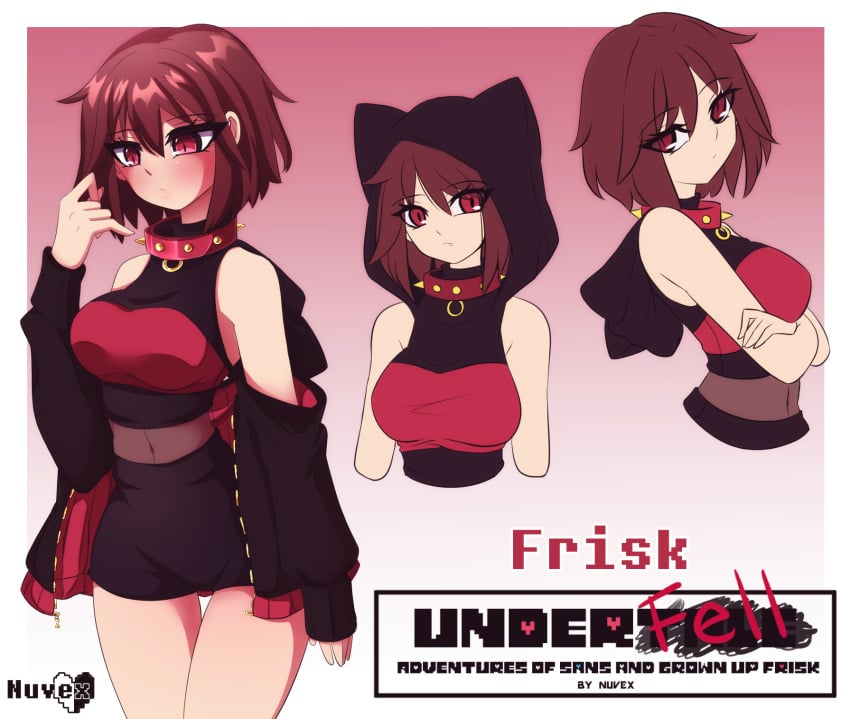 1girls 2d aged_up alternate_version_available artist_name blush breasts brown_hair collar color fake_ears female female_frisk frisk hood jacket large_breasts looking_at_viewer midriff nuvex red_eyes short_hair shorts solo solo_female spiked_collar tagme thighs underfell underfell_frisk undertale undertale_(series) undertale_au