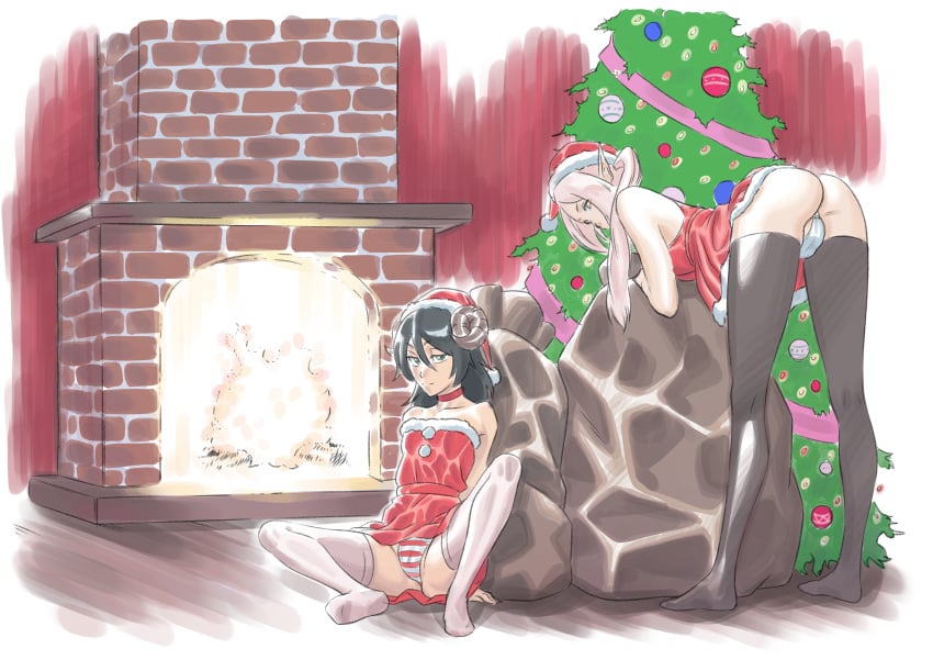 black_hair bulge bulge_through_clothing christmas_tree fireplace gojin gold_eyes green_eyes indoors leaning_forward original_character otoko_no_ko panties pink_hair reincarnated_into_another_world_as_sex_slaves_to_goblins_and_now_we_fight_for_them sack striped striped_panties trap twintails white_panties