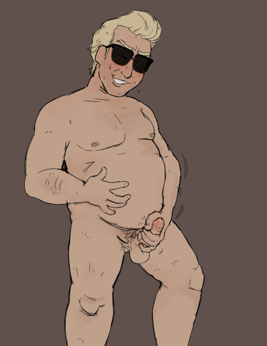 bethesda_softworks blonde_hair chubby chubby_male fallout jacking_off male male_focus male_only masturbation penis pubes sim_settlements smiling spl0055 sunglasses sunglasses_only the_ron