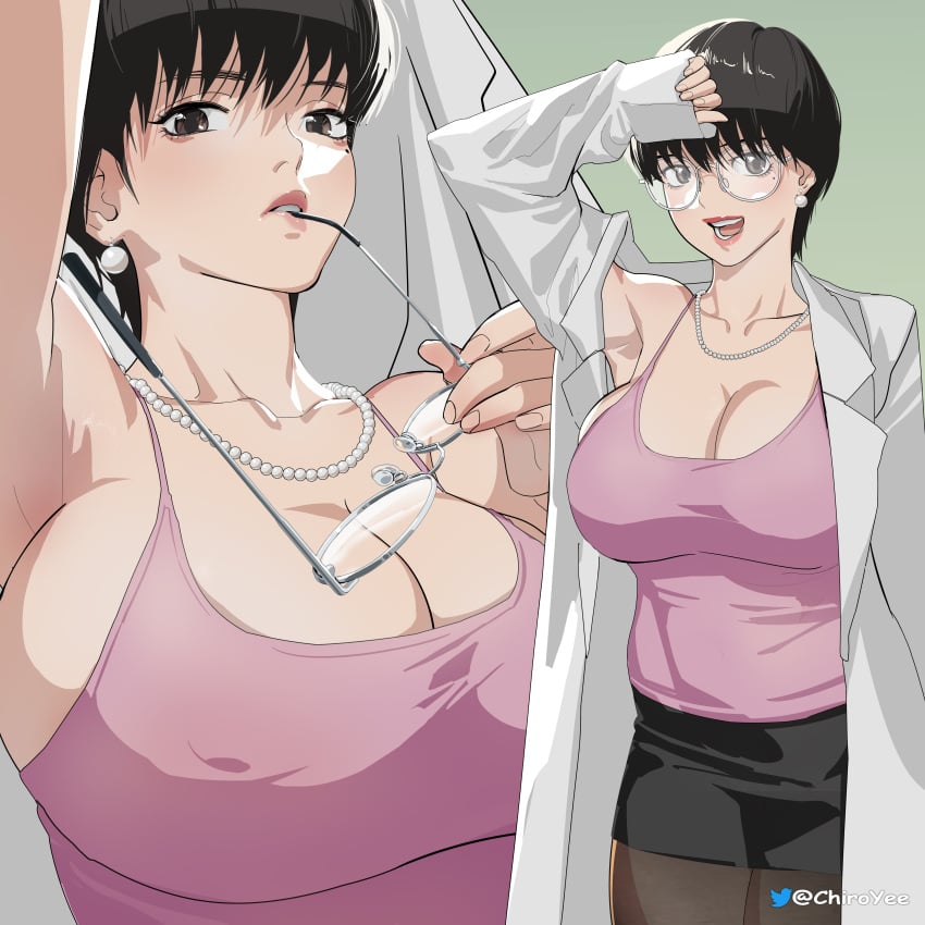 1girls armpits bare_armpits big_breasts black_eyebrows black_hair black_hair_female black_pupils breasts brown_eyes brown_eyes_female chiroyee clothed clothed_female clothes clothing ear_piercing ear_ring earring earrings female female_only glasses hair_between_eyes hairless_armpits hajime_no_ippo holding holding_glasses holding_object huge_breasts jewelry large_breasts lips mole mole_under_eye mole_under_mouth necklace nipple_bulge no_bra one_arm_up open_mouth pantyhose pearl_earrings pearl_necklace pupils simple_background solo_female surgeon teeth teeth_showing therapist tight_skirt tomboy very_short_hair woman yamaguchi_tomoko