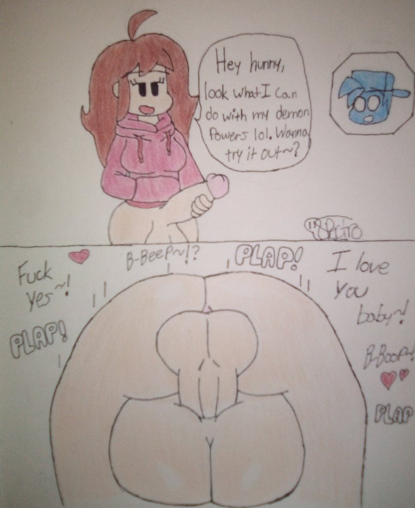 1boy 1futa 1girls anal anal_sex artist_name artist_signature ass balls big_ass big_dom_small_sub boyfriend_(friday_night_funkin) brown_hair bubble_butt canon_couple drawing drawn female female_on_top femboy femboyfriend friday_night_funkin futa_mommy_gf futa_on_male futadom futanari girlfriend_(friday_night_funkin) male mating_press onomatopoeia penis spectrodraws sweater tagme text thick_ass