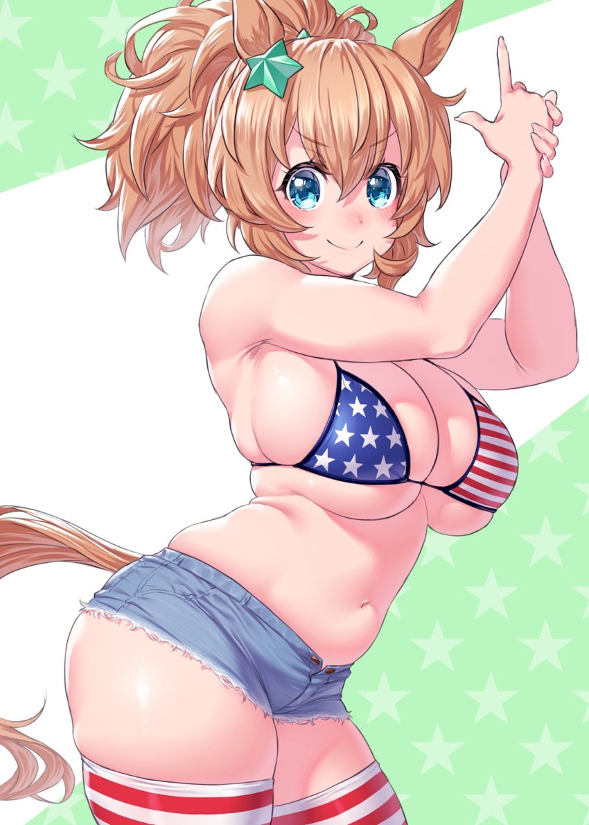 >:) american_flag_bikini chubby chubby_female confident confident_smile finger_gun huge_breasts legwear onsoku_inu short_shorts skindentation striped_legwear taiki_shuttle_(umamusume) umamusume