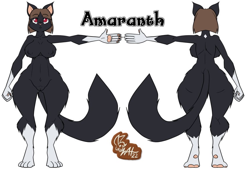 2022 4_toes 5_fingers absurd_res amaranth_(inkwell-pony) anthro artist_logo black_body black_fur boots_(marking) breasts brown_hair covered_nipples diamond_(marking) feet felid female fingerpads fingers front_view fur furry_nipples genitals gloves_(marking) hair hi_res inkwell-pony inkwell_arts inkwell_pony logo mammal markings model_sheet muniversalarts nude pawpads pink_nose pussy rear_view red_eyes signature solo story story_in_description toes white_markings