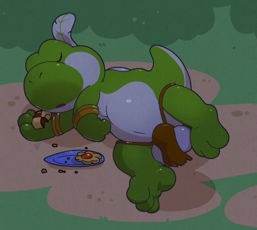 argon_vile balls bottomwear clothing cookie food gay genitals hi_res ineffective_clothing ineffective_loincloth loincloth loincloth_only male mario_(series) nintendo paper_mario sleeping solo yoshi yoshi_chief