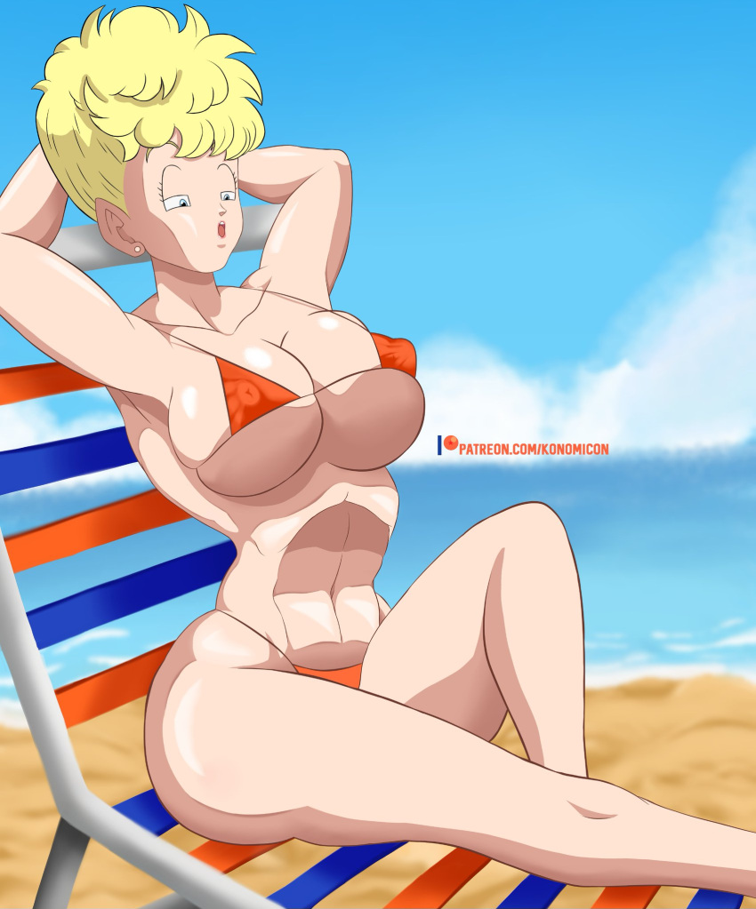 1girls abs arms_behind_head arms_up bad_anatomy bare_legs bare_shoulders beach beach_chair big_breasts big_hair bikini bikini_bottom bikini_top blonde_hair blue_eyes breasts chair cleavage dragon_ball dragon_ball_super dragon_ball_z earrings erect_nipples erect_nipples_under_bikini erect_nipples_under_swimsuit feet_out_of_frame gilf half-closed_eyes hard_nipples high_resolution horny horny_female huge_breasts konomicon lipstick looking_at_self looking_down makeup mature mature_female mature_woman micro_bikini milf ocean orange_bikini outdoors panchy panchy_(dragon_ball) panchy_briefs pose posing relaxing revealing_swimsuit sand seaside seducing seductive_pose skimpy skimpy_bikini small_bikini sunbathing swimsuit tight_bikini tight_swimsuit toned toned_female voluptuous voluptuous_female water watermark wide_hips yellow_hair