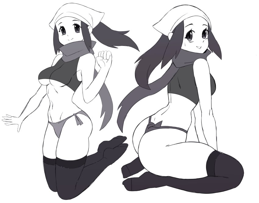 1girls abysswatchers akari_(pokemon) ass breasts eye_contact female game_freak greyscale long_hair looking_at_viewer monochrome nintendo panties pokemon pokemon_legends:_arceus solo thick_thighs thong