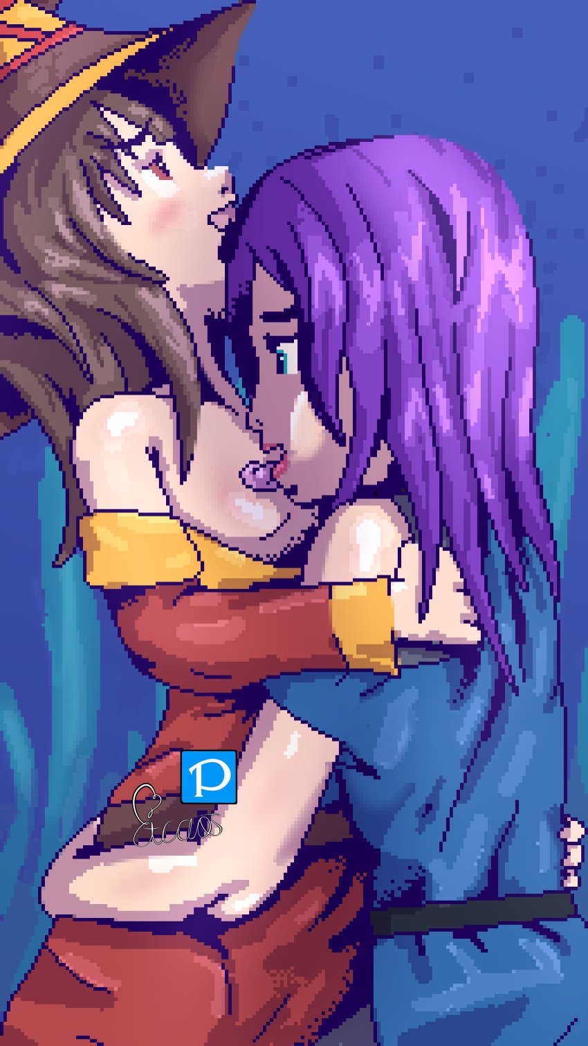 abigail_(stardew_valley) crossover etcaos kissing kono_subarashii_sekai_ni_shukufuku_wo! megumin pixel_art stardew_valley yuri